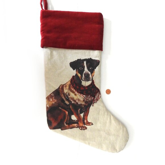 Pottery Barn Linen Terrier Dog Pet Christmas Stocking Painted Enbroidered - Picture 3 of 6